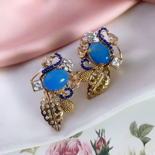 Beautiful Earring with Big Blue Stone and Leaf
