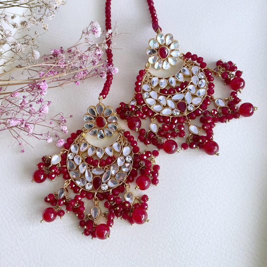 Big Earrings Studded with Red Stones and Red Beads