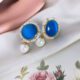 Beautiful Round Earrings with Big Stone and Pearls Blue